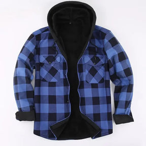Camisa jaqueta masculina xadrez verde e preta forrada com capuz e interior térmico para inverno