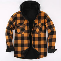 Camisa jaqueta masculina xadrez verde e preta forrada com capuz e interior térmico para inverno