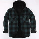 Camisa jaqueta masculina xadrez verde e preta forrada com capuz e interior térmico para inverno