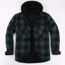 Camisa jaqueta masculina xadrez verde e preta forrada com capuz e interior térmico para inverno