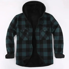 Camisa jaqueta masculina xadrez verde e preta forrada com capuz e interior térmico para inverno