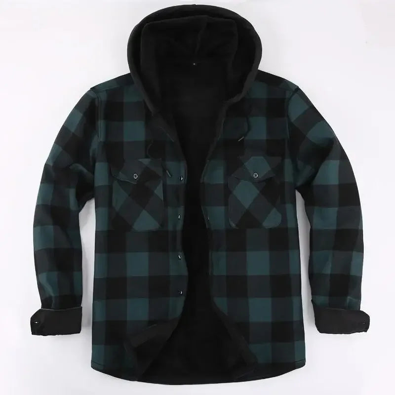 Camisa jaqueta masculina xadrez verde e preta forrada com capuz e interior térmico para inverno