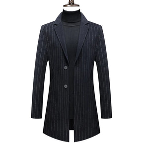 Casaco masculino de lã premium azul escuro com padronagem risca de giz e design executivo sofisticado para inverno
