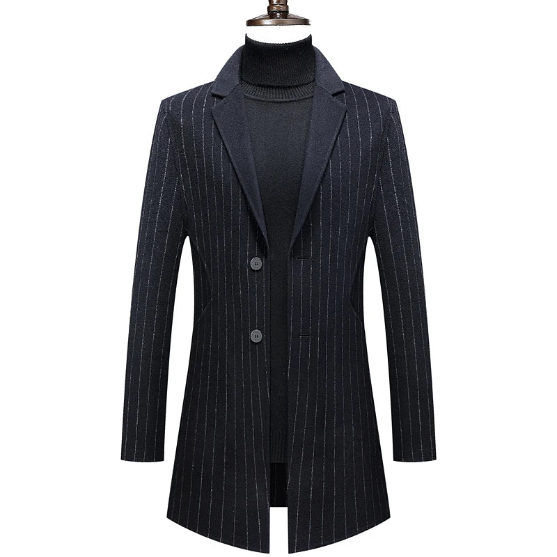 Casaco masculino de lã premium azul escuro com padronagem risca de giz e design executivo sofisticado para inverno