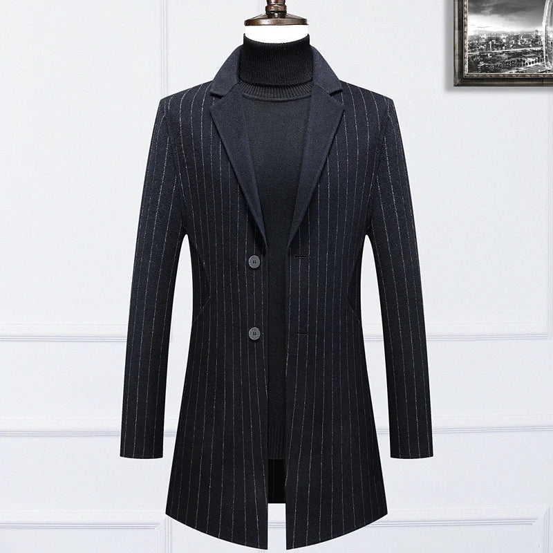 Casaco masculino de lã premium azul escuro com padronagem risca de giz e design executivo sofisticado para inverno