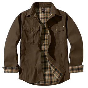 Jaqueta masculina casual verde militar premium com interior xadrez e bolsos utilitários para inverno