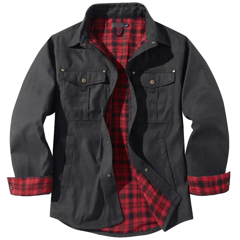 Jaqueta masculina casual verde militar premium com interior xadrez e bolsos utilitários para inverno
