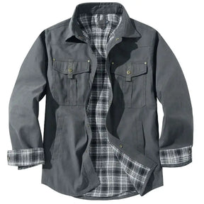 Jaqueta masculina casual verde militar premium com interior xadrez e bolsos utilitários para inverno