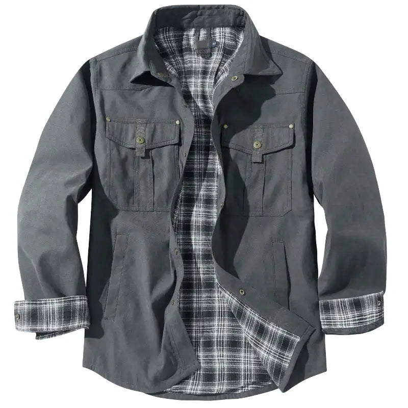 Jaqueta masculina casual verde militar premium com interior xadrez e bolsos utilitários para inverno