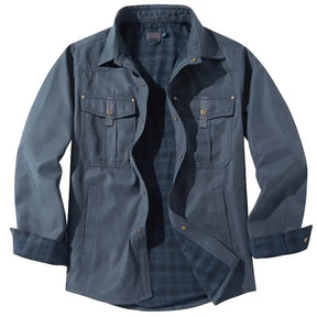 Jaqueta masculina casual verde militar premium com interior xadrez e bolsos utilitários para inverno