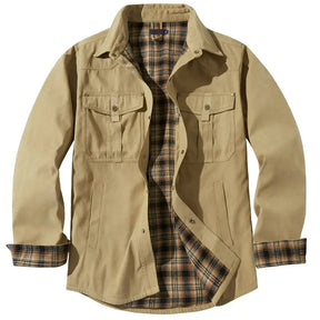 Jaqueta masculina casual verde militar premium com interior xadrez e bolsos utilitários para inverno