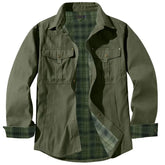 Jaqueta masculina casual verde militar premium com interior xadrez e bolsos utilitários para inverno