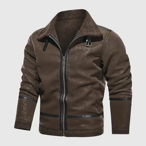 Jaqueta aviador masculina marrom com forro interno térmico e gola estruturada
