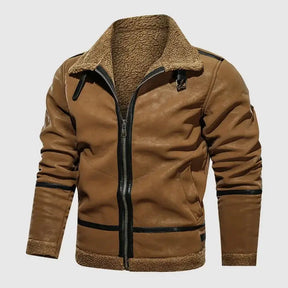 Jaqueta aviador masculina marrom com forro interno térmico e gola estruturada
