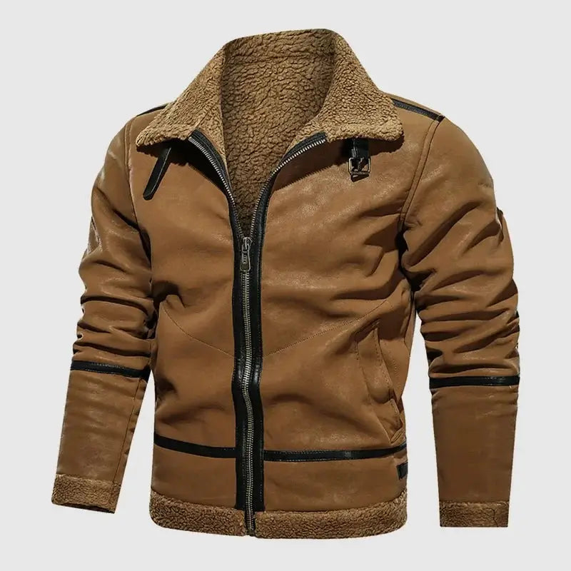 Jaqueta aviador masculina marrom com forro interno térmico e gola estruturada
