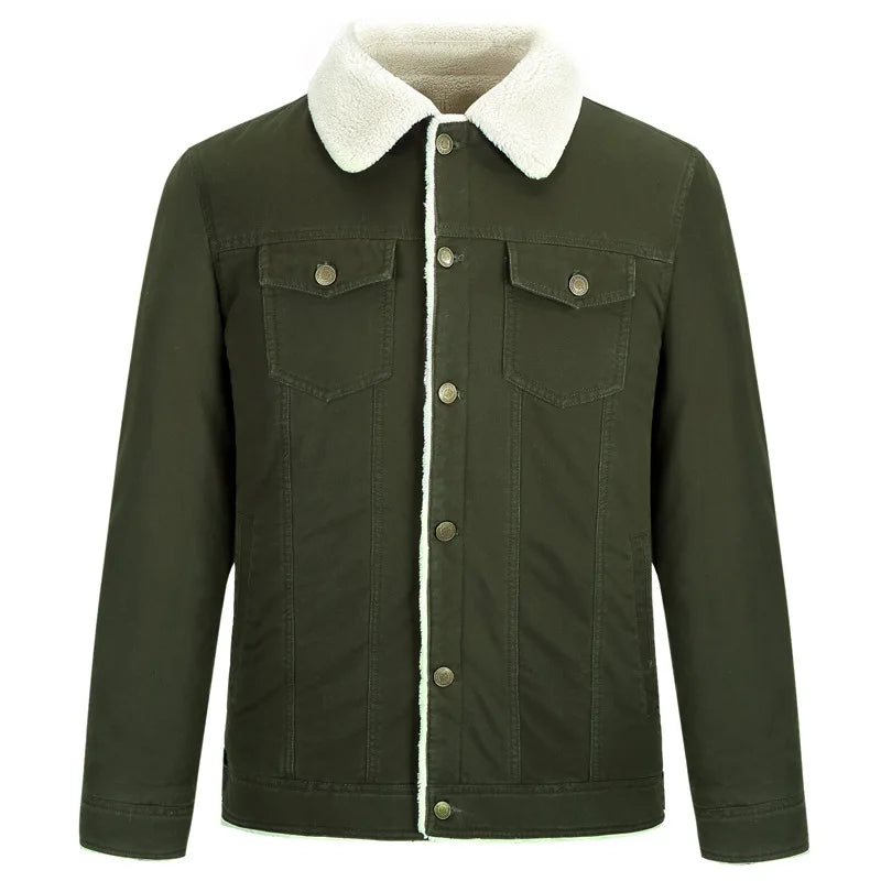 Jaqueta masculina sherpa premium verde militar forrada com gola térmica e design casual sofisticado