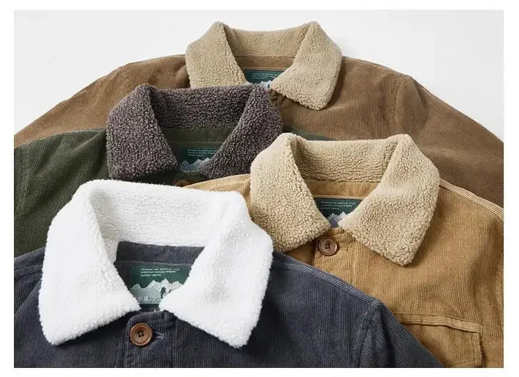 Jaqueta masculina em veludo cotelê grafite forrada com gola sherpa premium para inverno