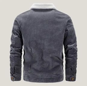 Jaqueta masculina em veludo cotelê grafite forrada com gola sherpa premium para inverno