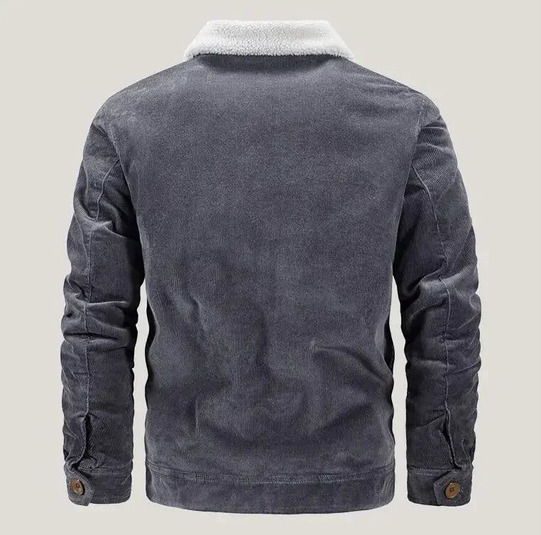 Jaqueta masculina em veludo cotelê grafite forrada com gola sherpa premium para inverno