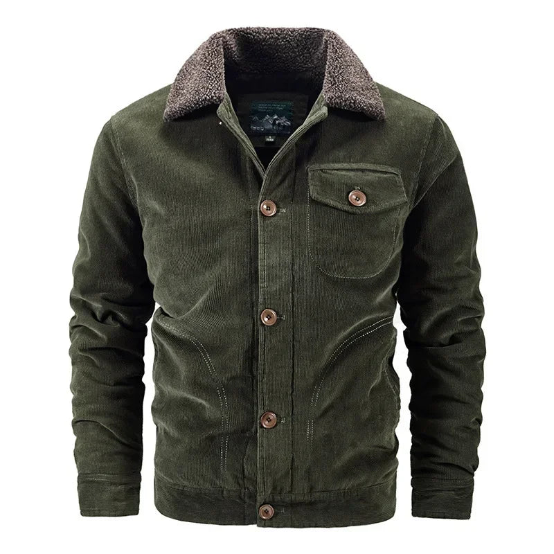 Jaqueta masculina em veludo cotelê grafite forrada com gola sherpa premium para inverno