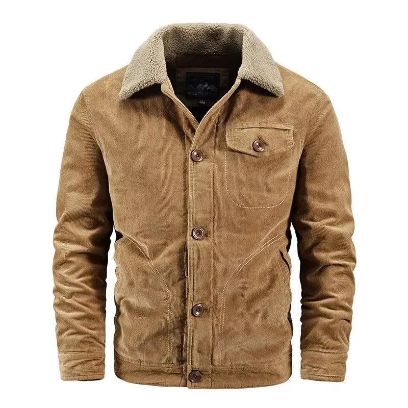 Jaqueta masculina em veludo cotelê grafite forrada com gola sherpa premium para inverno