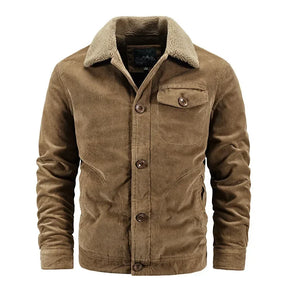 Jaqueta masculina em veludo cotelê grafite forrada com gola sherpa premium para inverno
