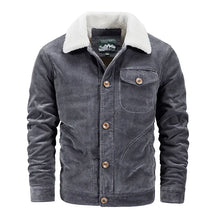 Jaqueta masculina em veludo cotelê grafite forrada com gola sherpa premium para inverno