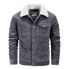 Jaqueta masculina em veludo cotelê grafite forrada com gola sherpa premium para inverno