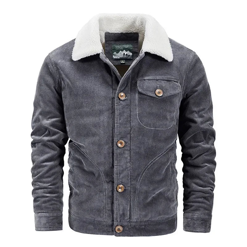 Jaqueta masculina em veludo cotelê grafite forrada com gola sherpa premium para inverno