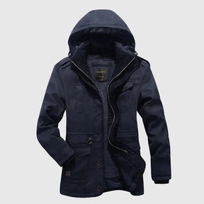 Jaqueta parka masculina térmica com capuz removível e forro interno quente