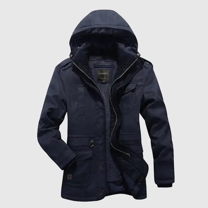 Jaqueta parka masculina térmica com capuz removível e forro interno quente