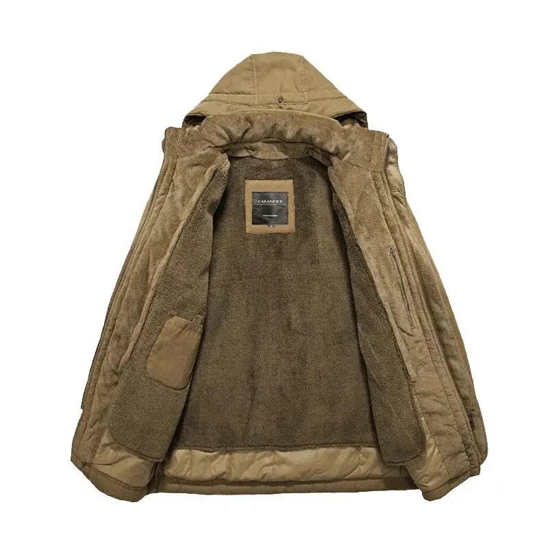 Jaqueta parka masculina térmica com capuz removível e forro interno quente