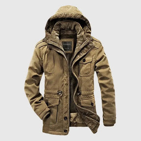 Jaqueta parka masculina térmica com capuz removível e forro interno quente