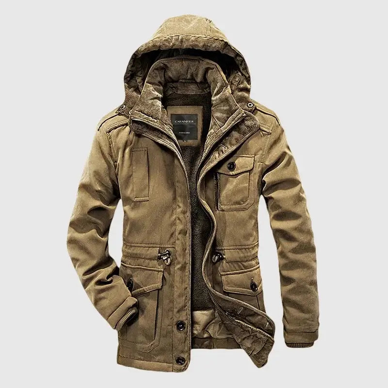 Jaqueta parka masculina térmica com capuz removível e forro interno quente