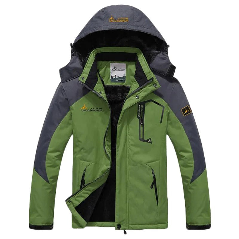 Jaqueta masculina vermelha e cinza com interior peluciado térmico e capuz para inverno e aventuras outdoor.