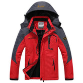 Jaqueta masculina vermelha e cinza com interior peluciado térmico e capuz para inverno e aventuras outdoor.