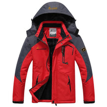 Jaqueta masculina vermelha e cinza com interior peluciado térmico e capuz para inverno e aventuras outdoor.
