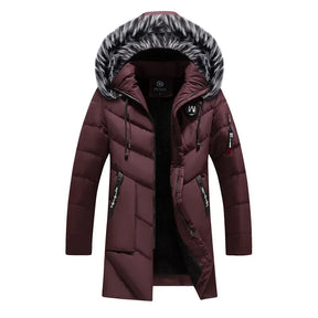 Parka masculina azul-marinho longa com capuz peluciado e forro térmico premium para inverno.