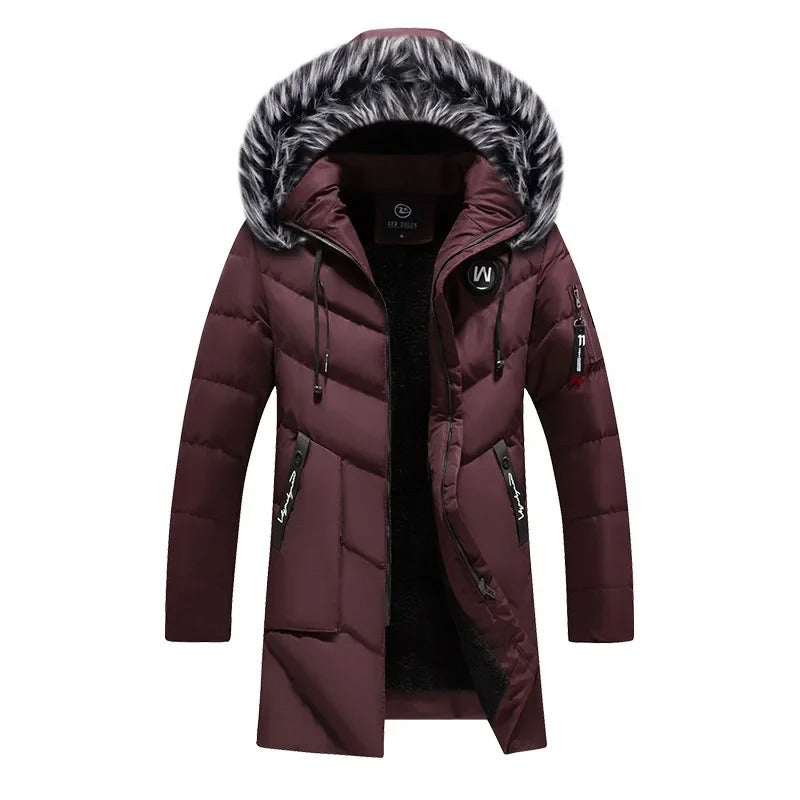 Parka masculina azul-marinho longa com capuz peluciado e forro térmico premium para inverno.