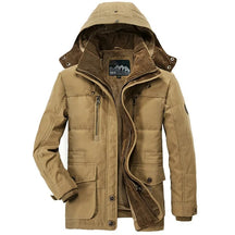 Parka masculina bege premium com forro térmico flanelado e capuz removível para inverno.