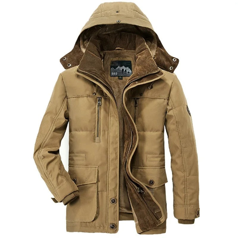 Parka masculina bege premium com forro térmico flanelado e capuz removível para inverno.