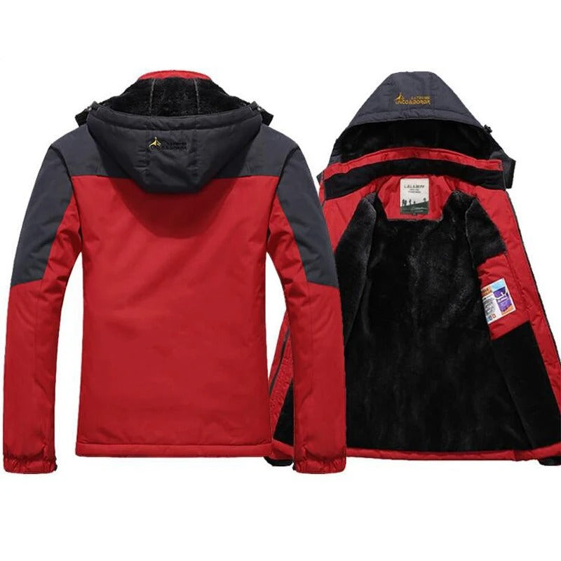 Jaqueta masculina vermelha e cinza com interior peluciado térmico e capuz para inverno e aventuras outdoor.
