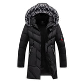 Parka masculina azul-marinho longa com capuz peluciado e forro térmico premium para inverno.