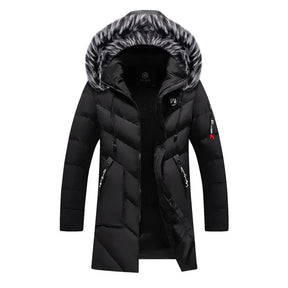 Parka masculina azul-marinho longa com capuz peluciado e forro térmico premium para inverno.