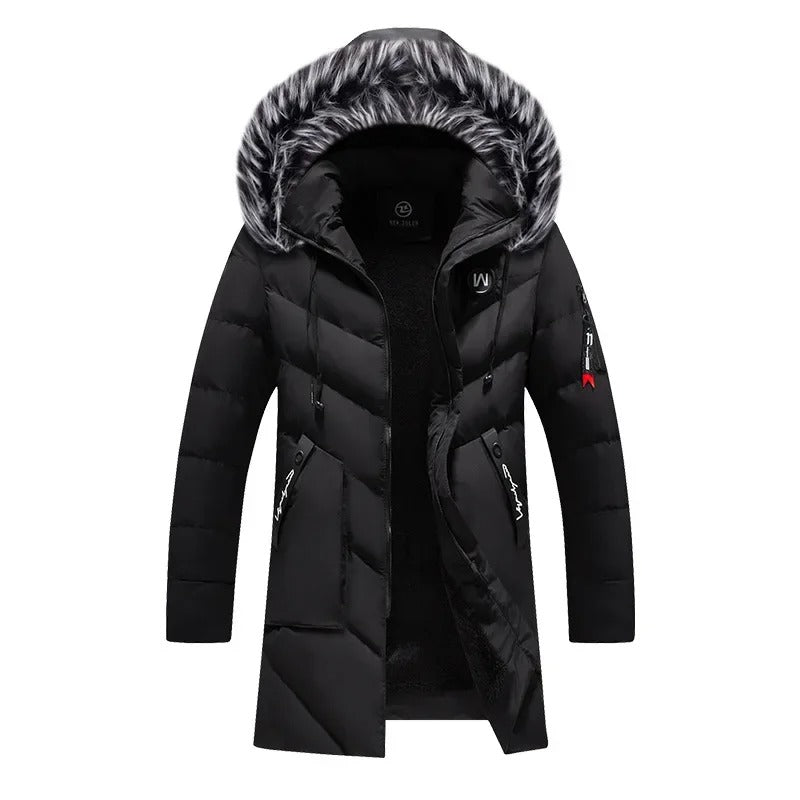 Parka masculina azul-marinho longa com capuz peluciado e forro térmico premium para inverno.