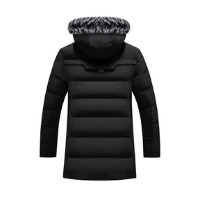 Parka masculina azul-marinho longa com capuz peluciado e forro térmico premium para inverno.