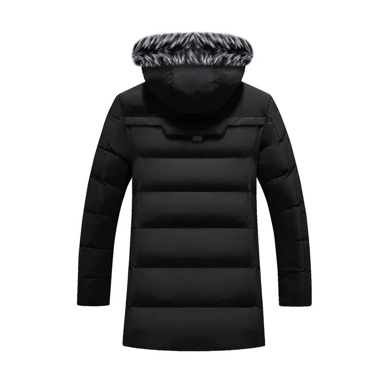Parka masculina azul-marinho longa com capuz peluciado e forro térmico premium para inverno.