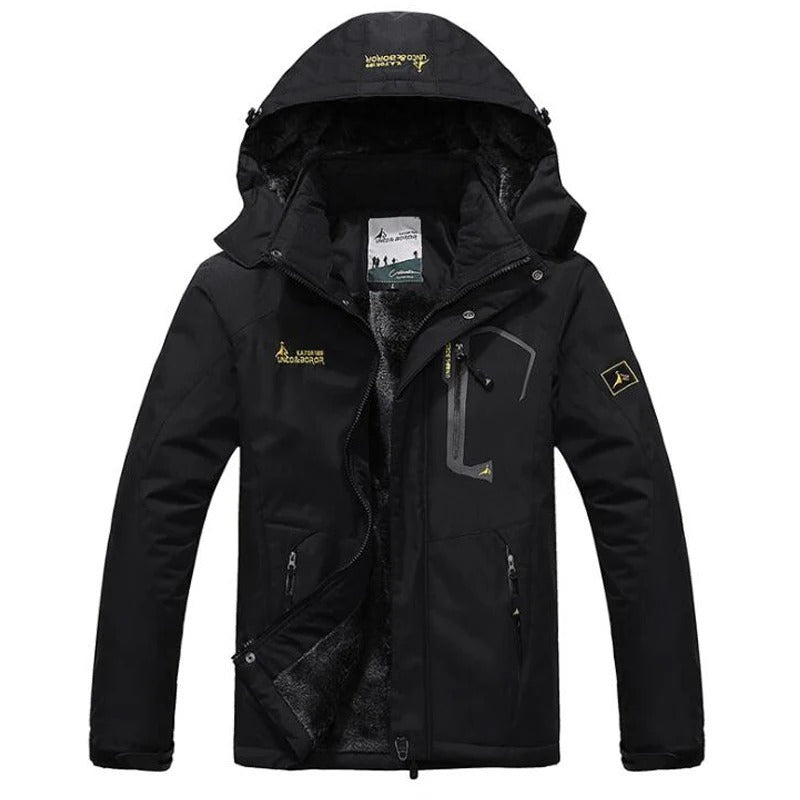 Jaqueta masculina vermelha e cinza com interior peluciado térmico e capuz para inverno e aventuras outdoor.