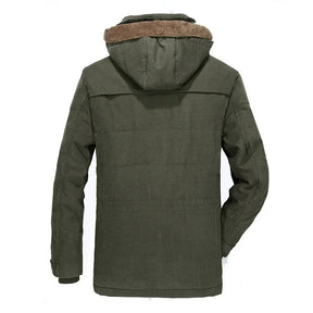 Parka masculina bege premium com forro térmico flanelado e capuz removível para inverno.