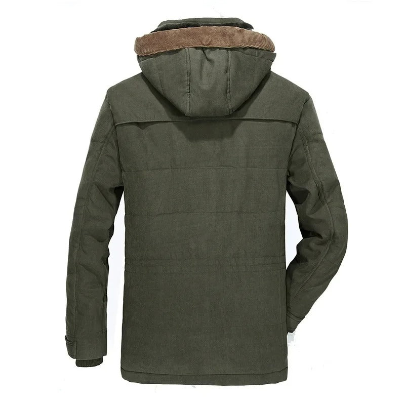 Parka masculina bege premium com forro térmico flanelado e capuz removível para inverno.